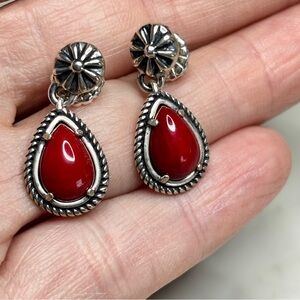 American West Red Coral Teardrop Sterling Earrings